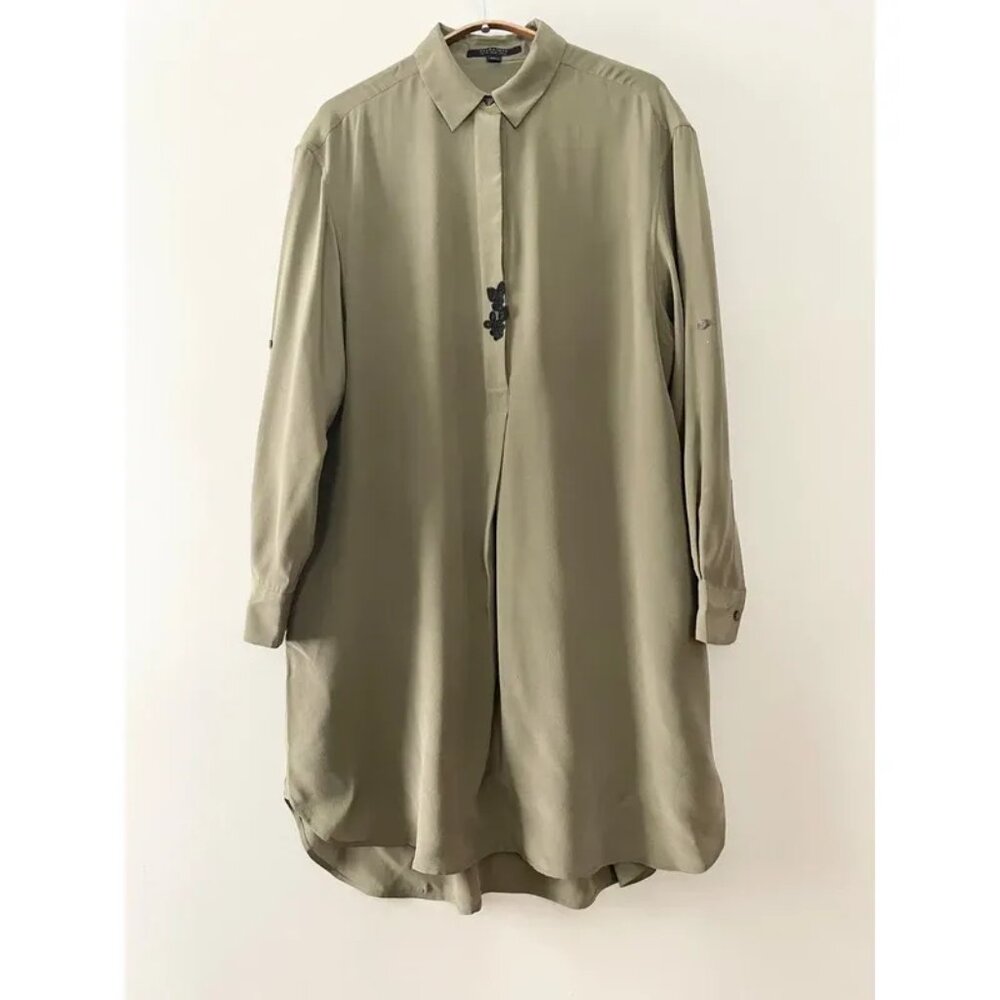 AllSaints Alex Silk Shirt Tunic Dress Olive Green Black Applique UK 10 US 6 - Picture 13 of 16